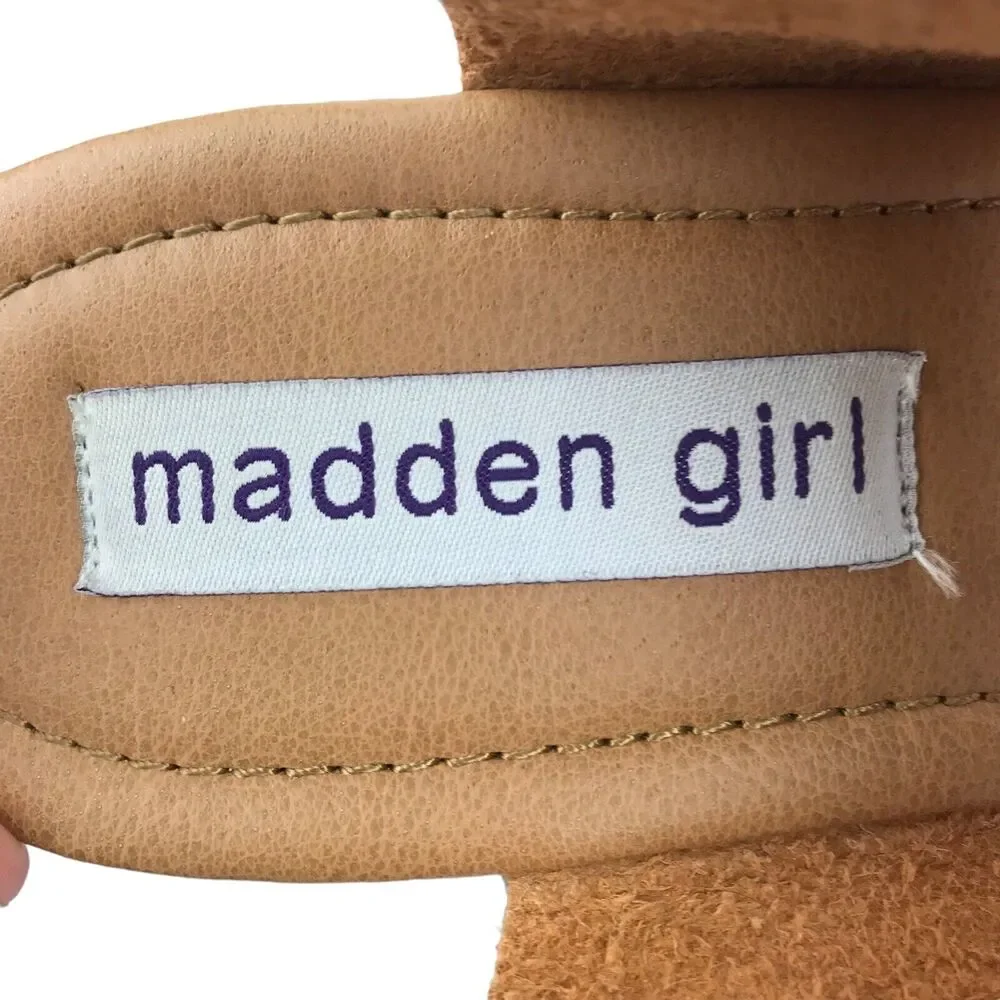 Madden Girl Platform Sandals Block Heel Brown Faux Leather Wood Look Retro Sz 10